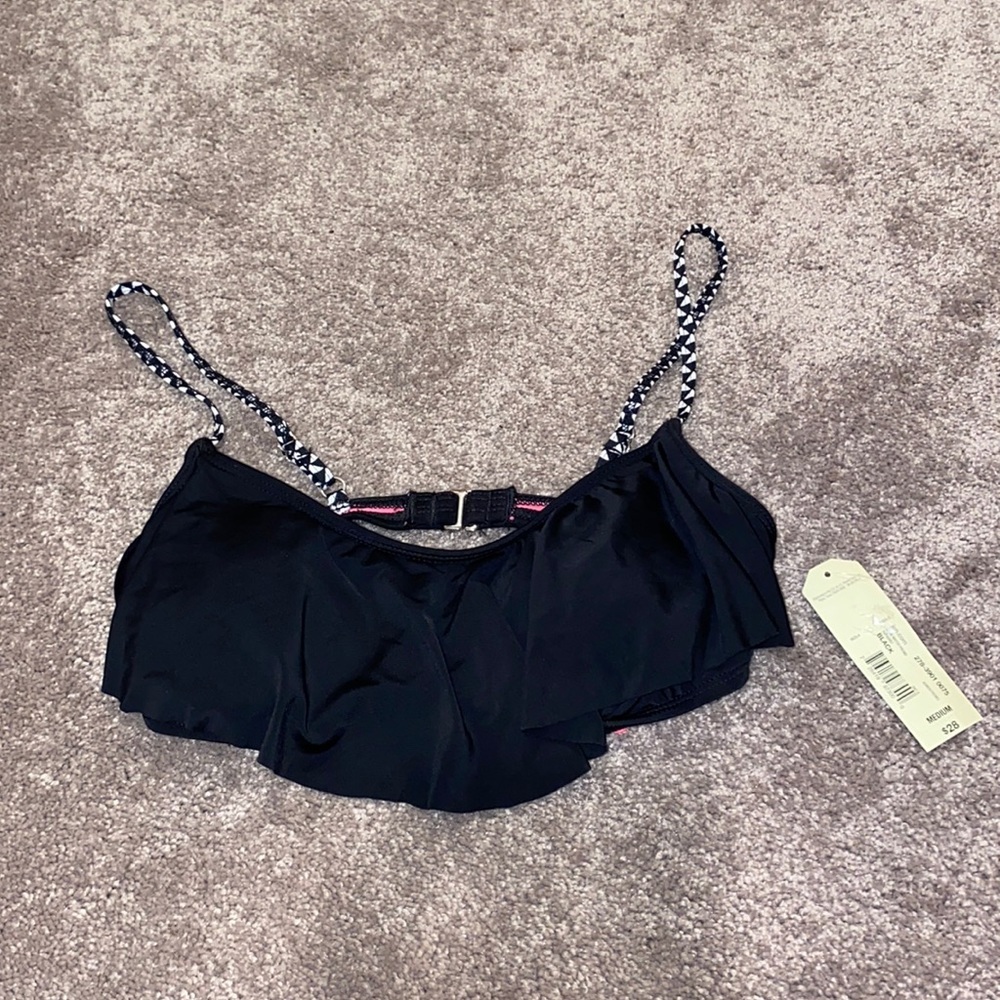 Arizona Jean Co Ruffle Swim Top Black Pink SIZE M NWT Adjustable Straps